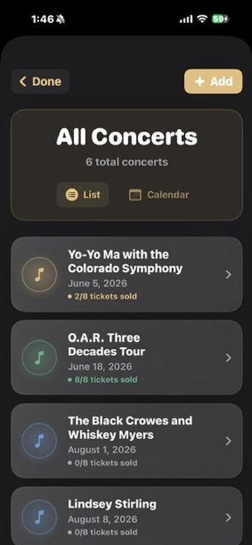 Concerts screen showing Add Concert button and upcoming performances