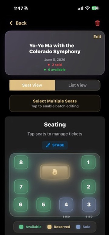 Seat view showing firepit layout with 8 seats and status indicators