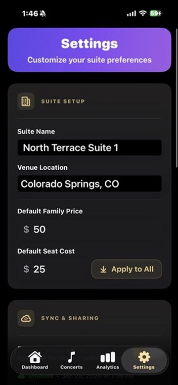 Settings screen showing suite configuration options