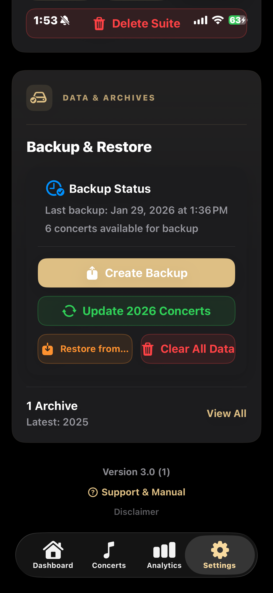 Settings Data and Archives screen showing Update 2026 Concerts button